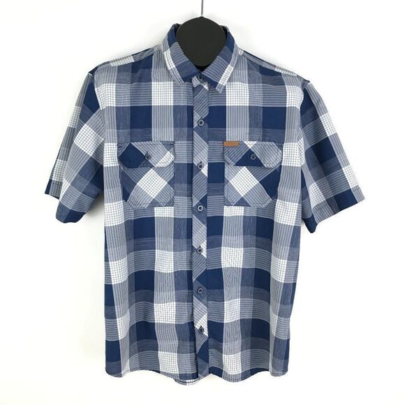 Orvis Button Up Shirt Men's Large Short Sleeve 100% Polyester Blue Plaid - Picture 1 of 9